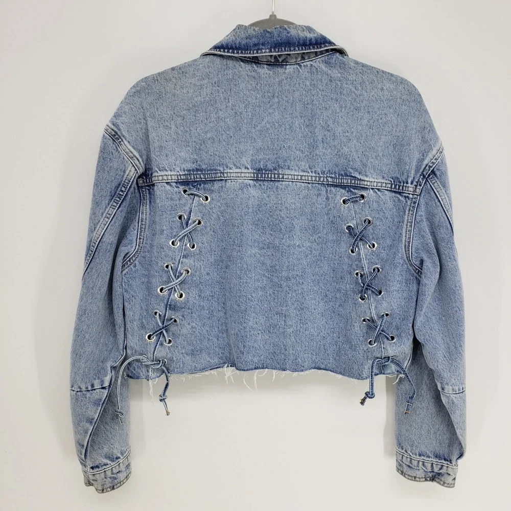 Zara Lace Up Back Cropped Denim Jacket Women XS Light Blue Raw Hem Streetwear